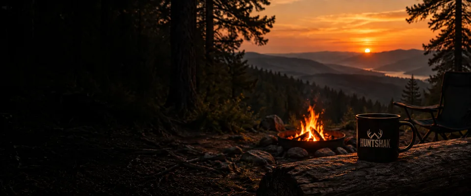 Campfire overlooking forested hills at sunset
